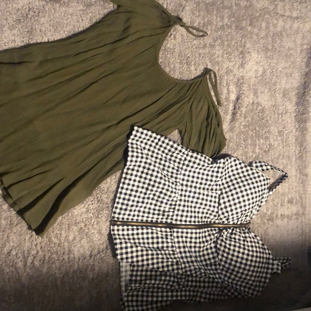 Olive green and black and white checkered shirts